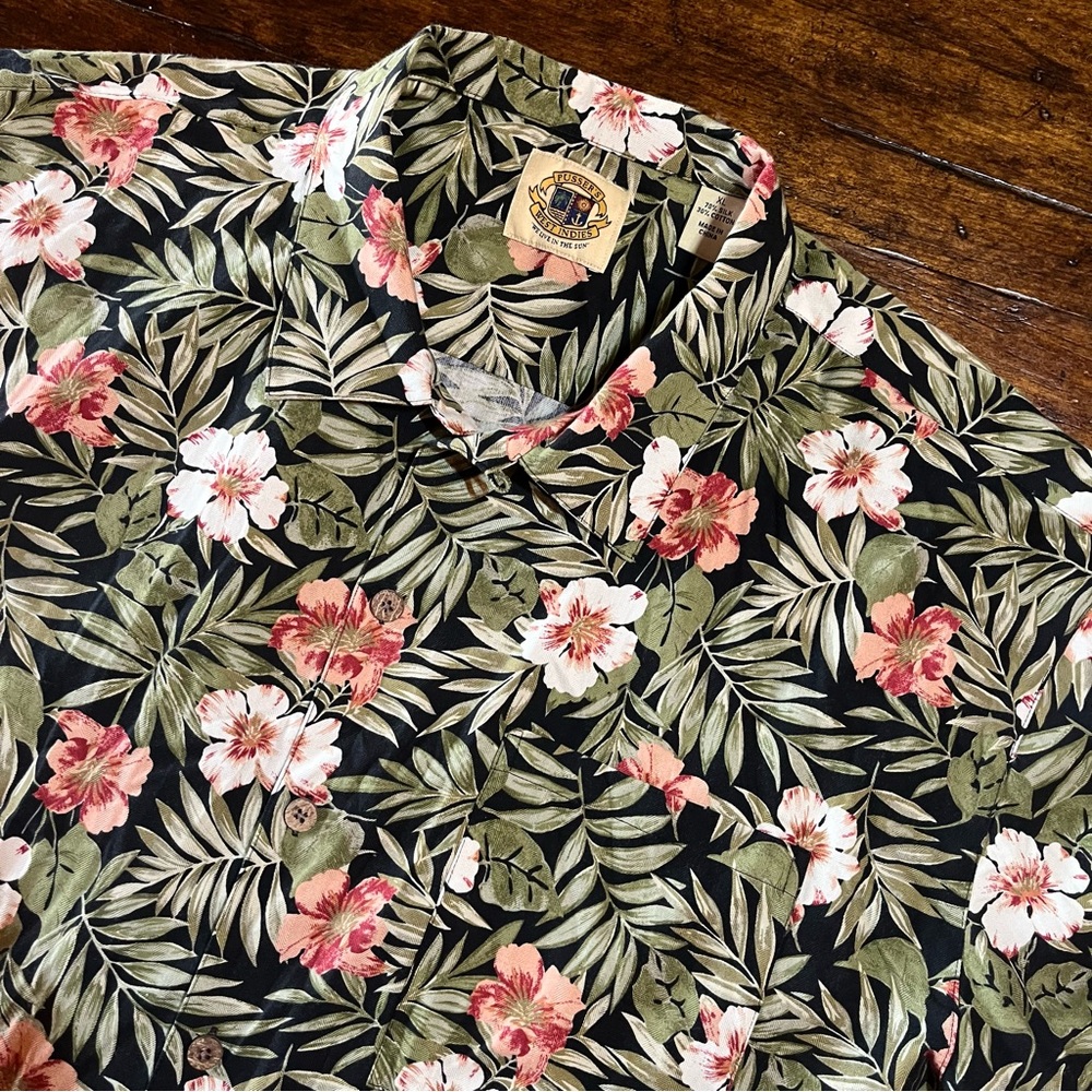 Pusser's West Indies Shirt Mens XL Black Tropical Silk Cotton Floral Hawaiian